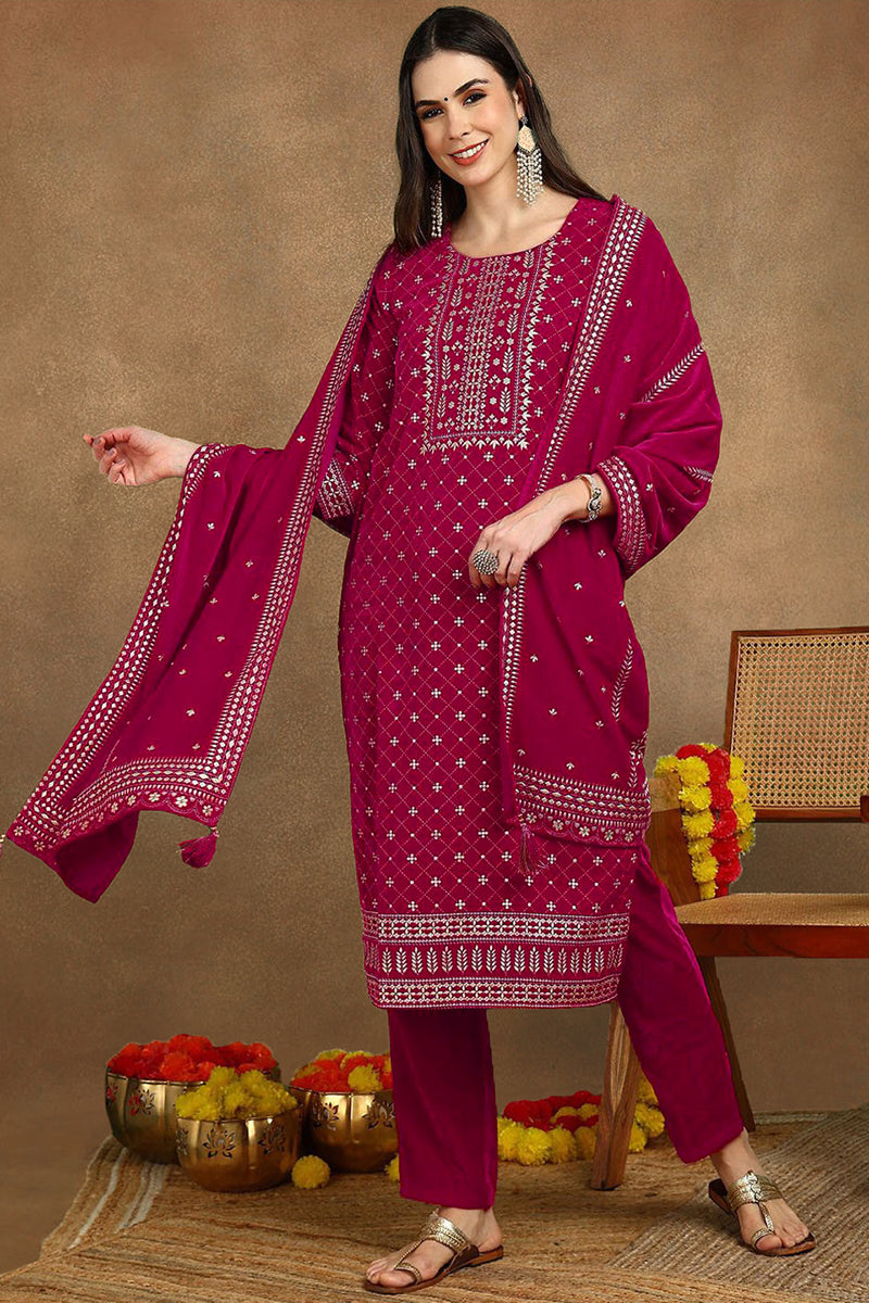 Pink Velvet Ethnic Motifs Printed Straight Suit Set PKSKD2766 | DesiQl