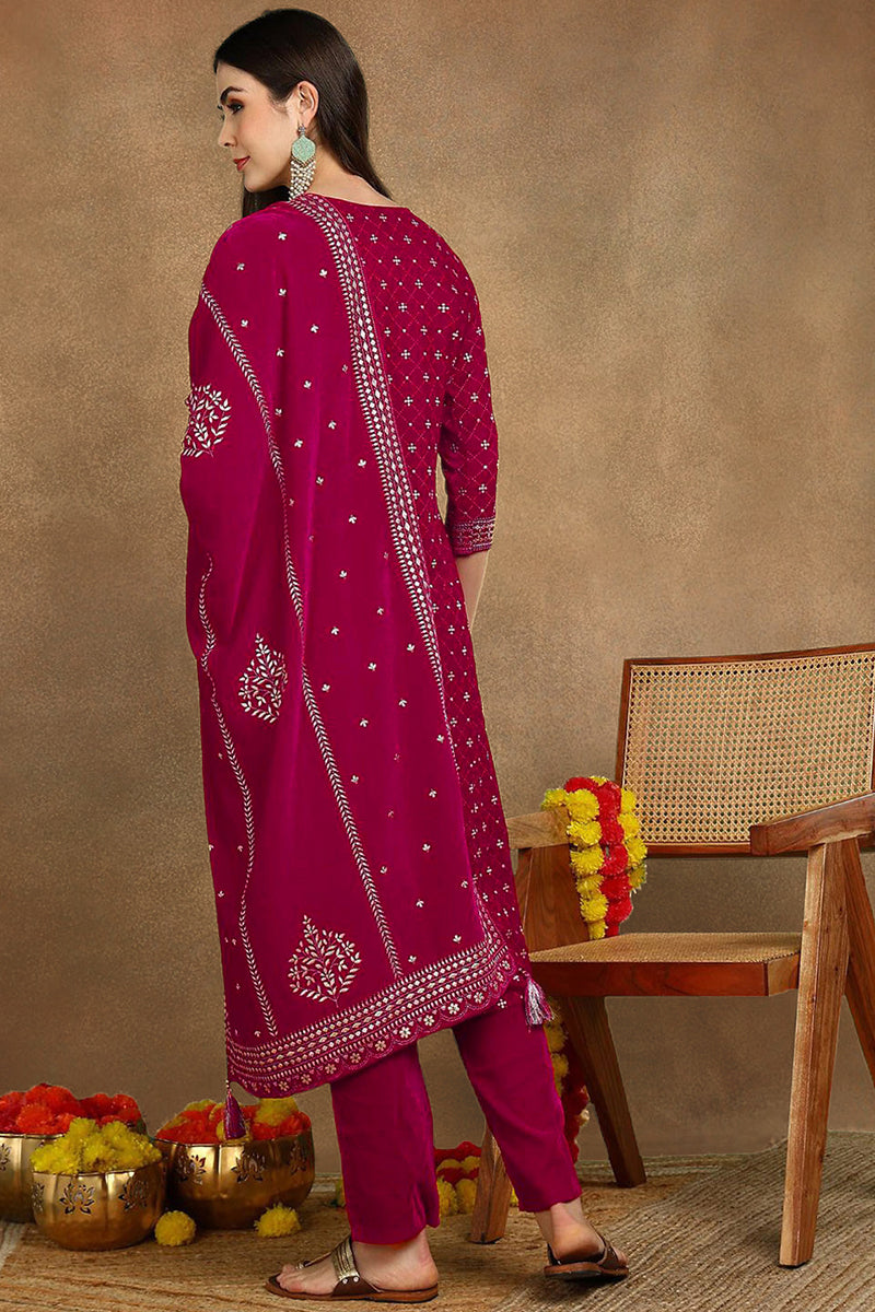 Pink Velvet Ethnic Motifs Printed Straight Suit Set PKSKD2766 | DesiQl