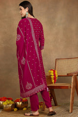 Pink Velvet Ethnic Motifs Printed Straight Suit Set PKSKD2766