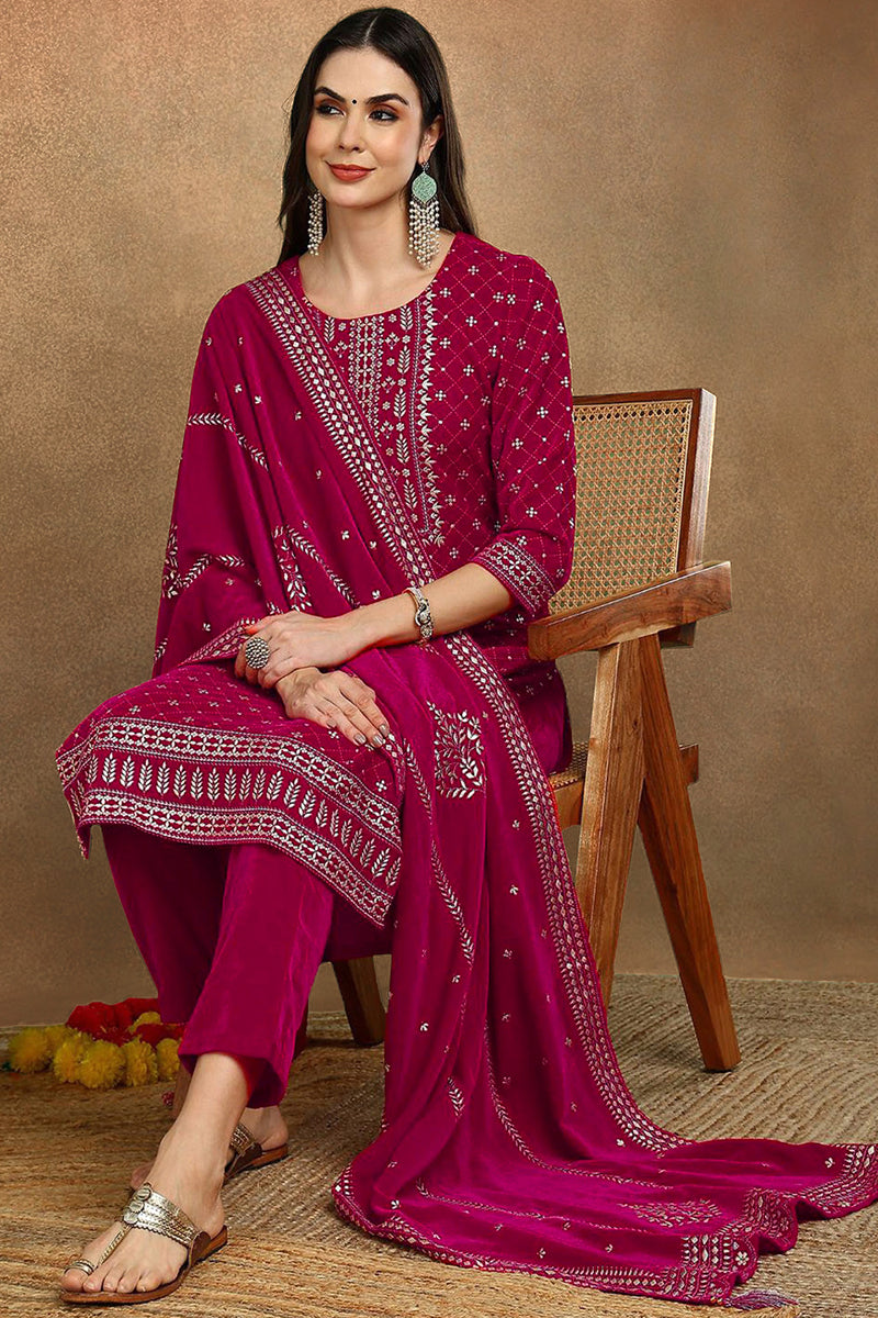 Pink Velvet Ethnic Motifs Printed Straight Suit Set PKSKD2766 | DesiQl