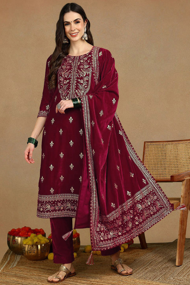 Red Velvet Ethnic Motifs Printed Straight Suit Set PKSKD2767 | DesiQlo