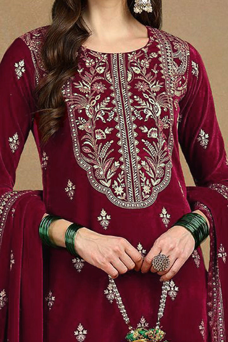 Red Velvet Ethnic Motifs Printed Straight Suit Set PKSKD2767 | DesiQlo