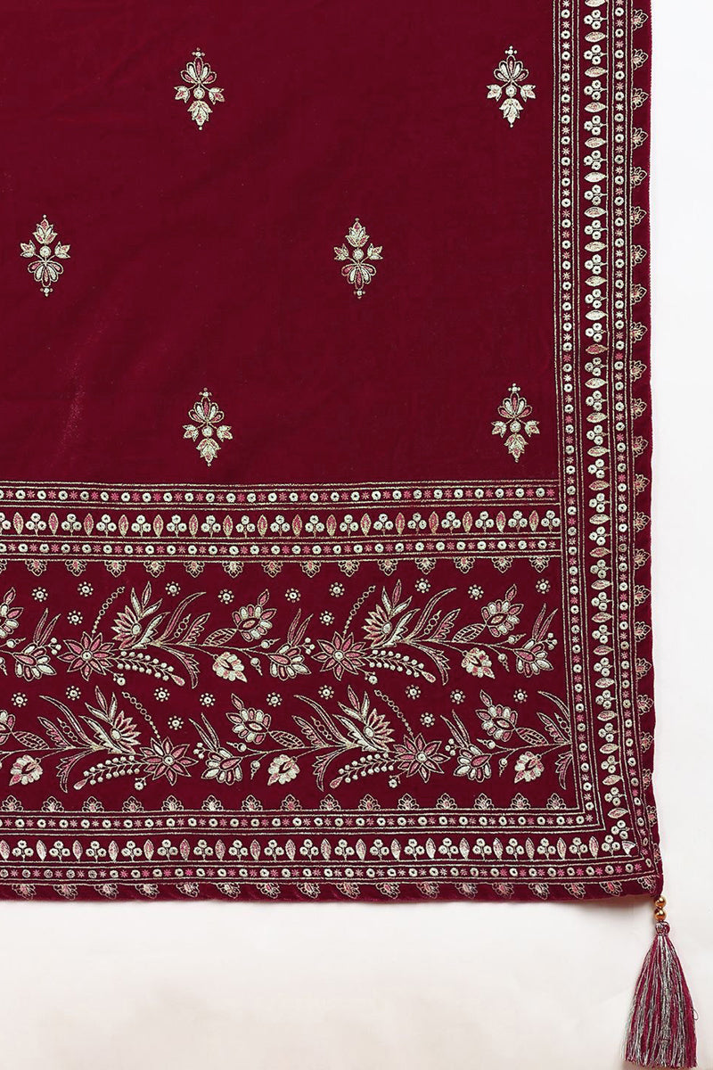 Red Velvet Ethnic Motifs Printed Straight Suit Set PKSKD2767 | DesiQlo