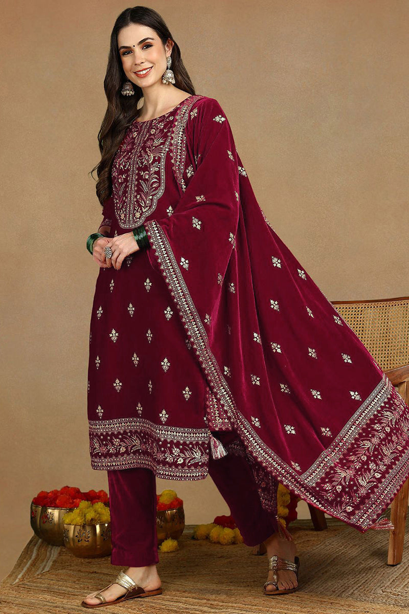 Red Velvet Ethnic Motifs Printed Straight Suit Set PKSKD2767 | DesiQlo