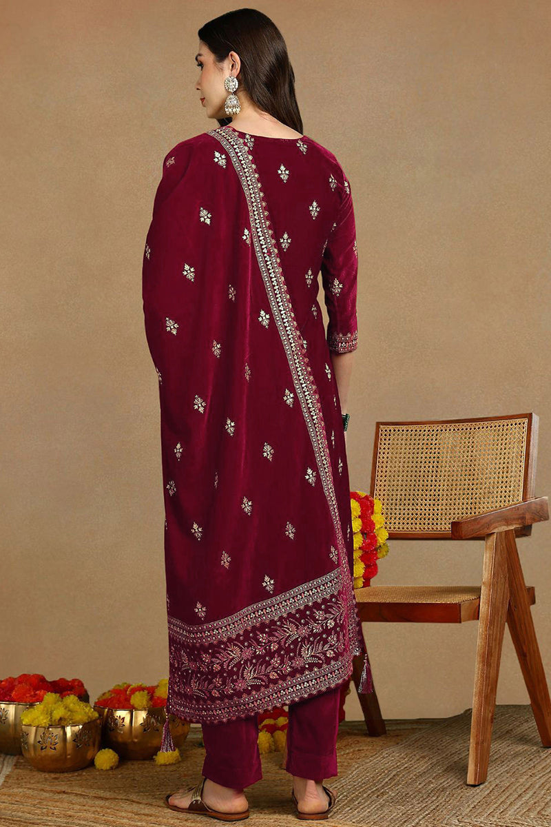 Red Velvet Ethnic Motifs Printed Straight Suit Set PKSKD2767 | DesiQlo