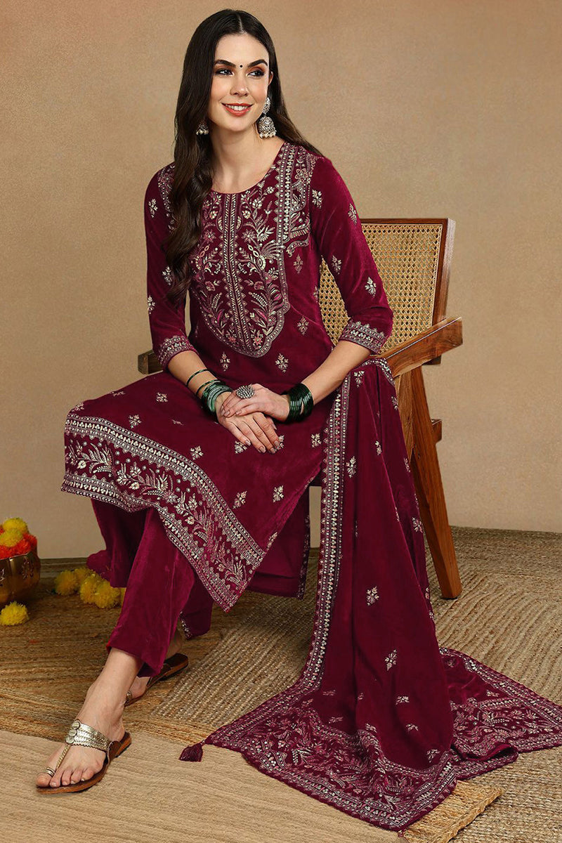 Red Velvet Ethnic Motifs Printed Straight Suit Set PKSKD2767 | DesiQlo