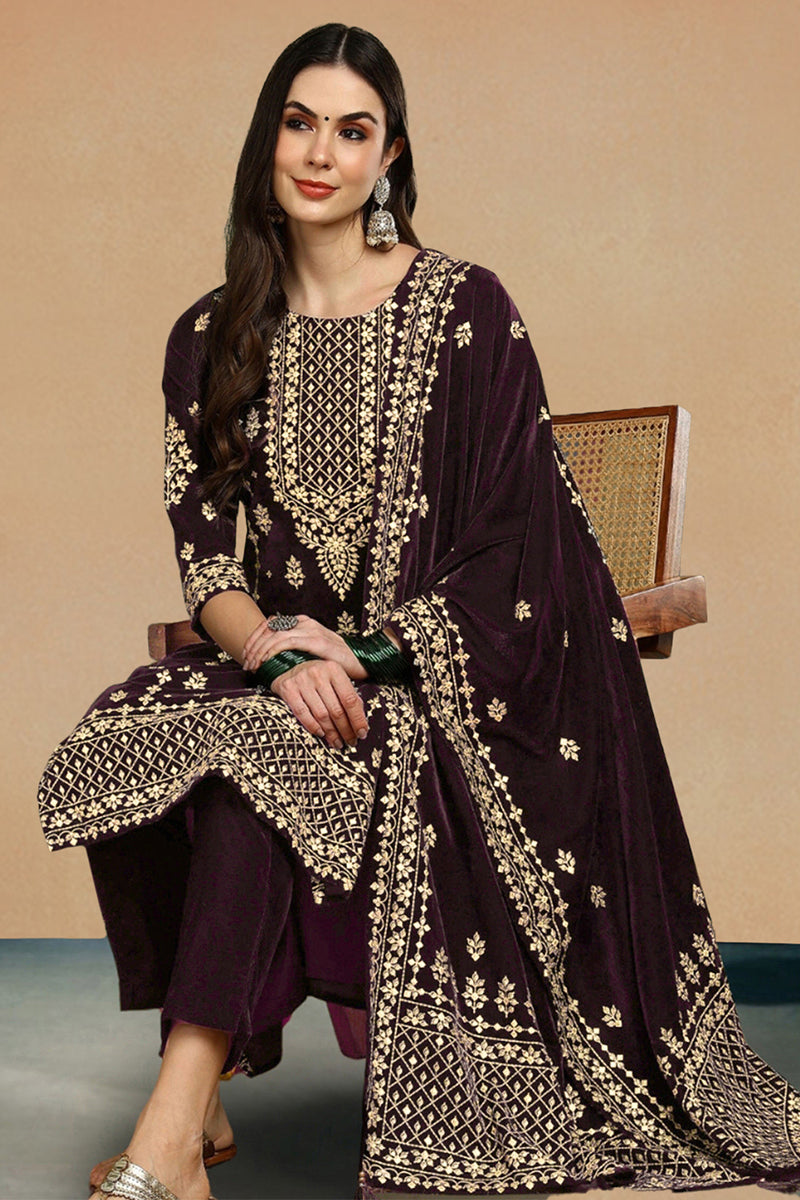 Purple Velvet Ethnic Motifs Printed Straight Suit Set PKSKD2769
