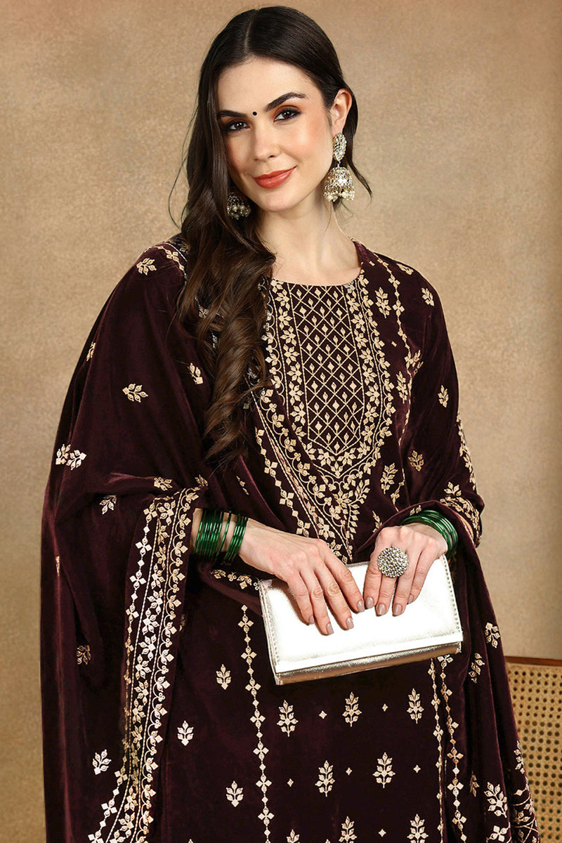 Purple Velvet Ethnic Motifs Printed Straight Suit Set PKSKD2769