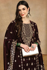 Purple Velvet Ethnic Motifs Printed Straight Suit Sets PKSKD2769