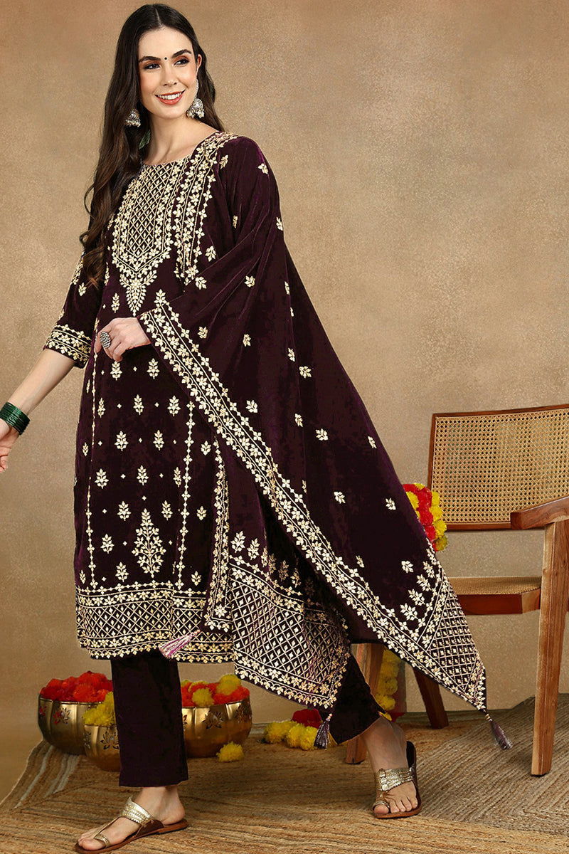 Purple Velvet Ethnic Motifs Printed Straight Suit Set PKSKD2769