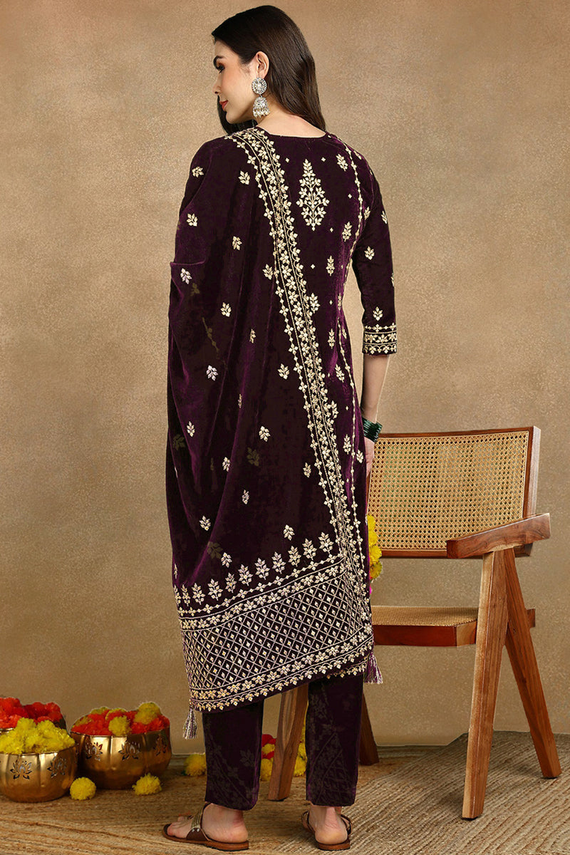 Purple Velvet Ethnic Motifs Printed Straight Suit Set PKSKD2769