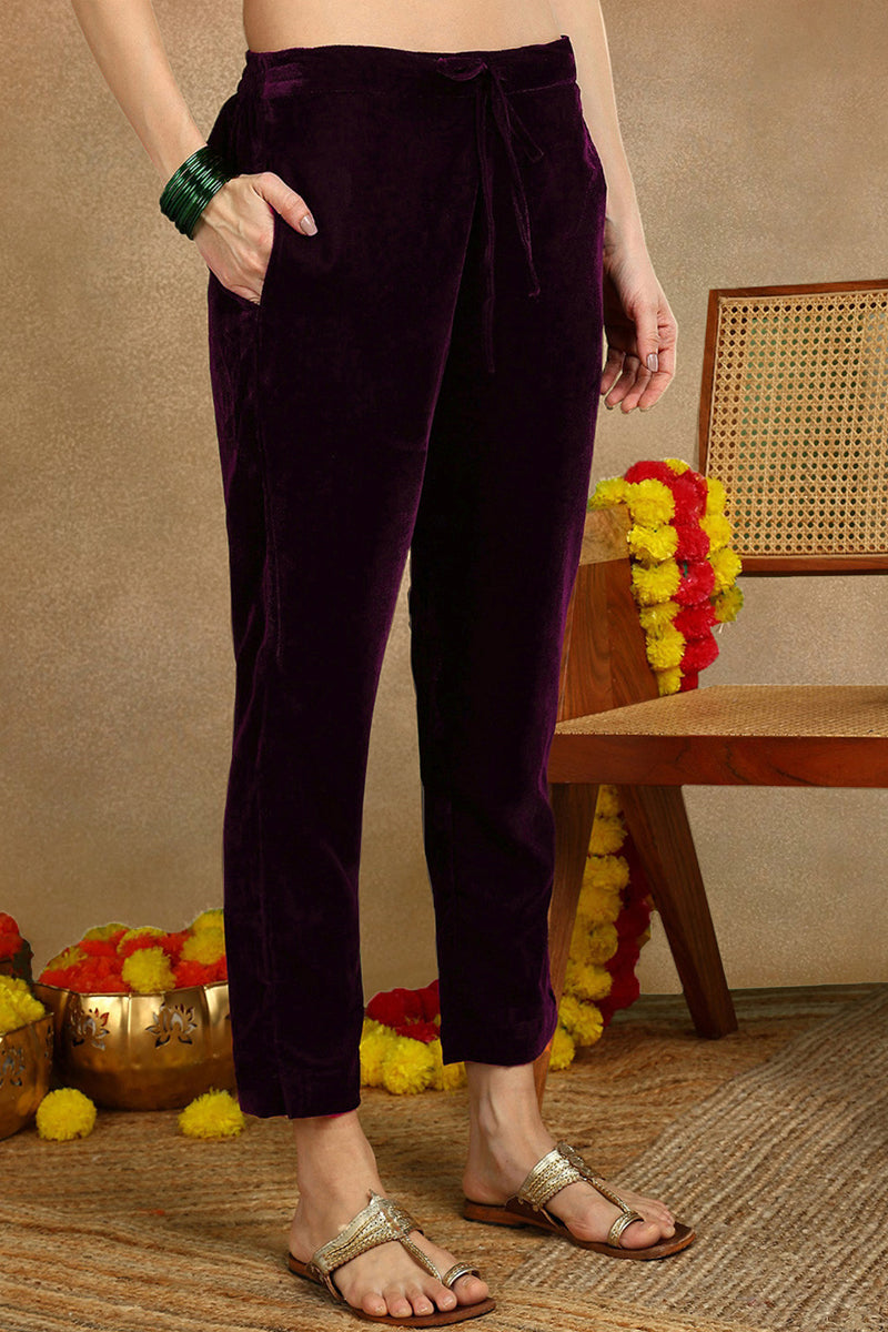 Purple Velvet Ethnic Motifs Printed Straight Suit Set PKSKD2769