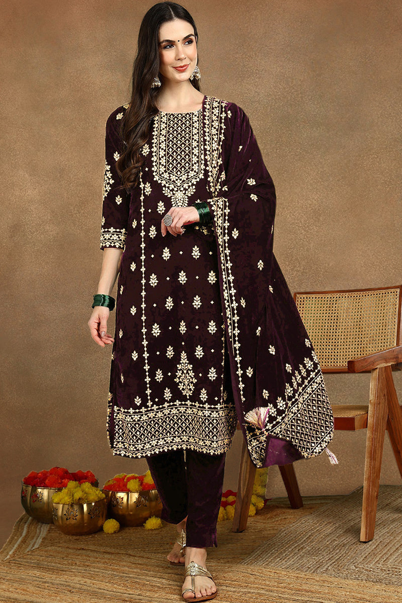 Purple Velvet Ethnic Motifs Printed Straight Suit Set PKSKD2769