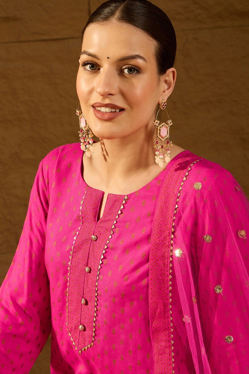 Pink Viscose Rayon Ethnic Motifs Printed Straight Palazzo Suit Set PKS