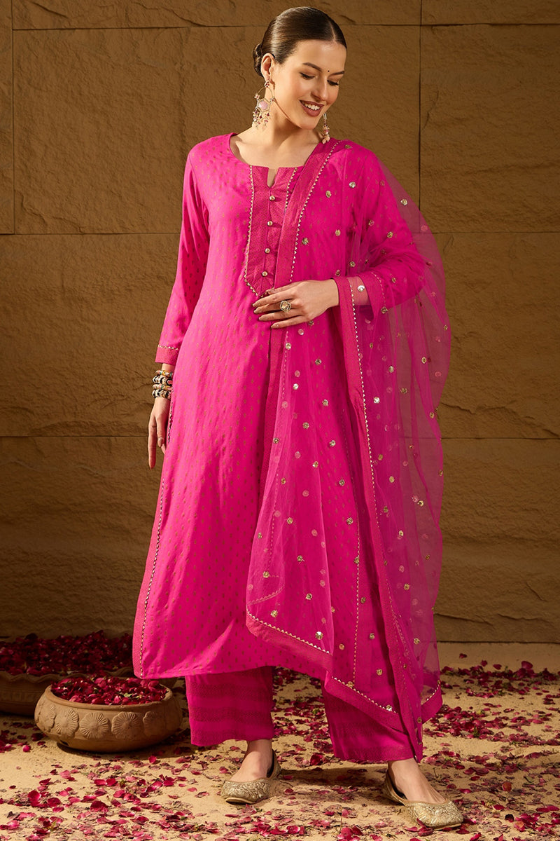 Pink Viscose Rayon Ethnic Motifs Printed Straight Palazzo Suit Set PKS
