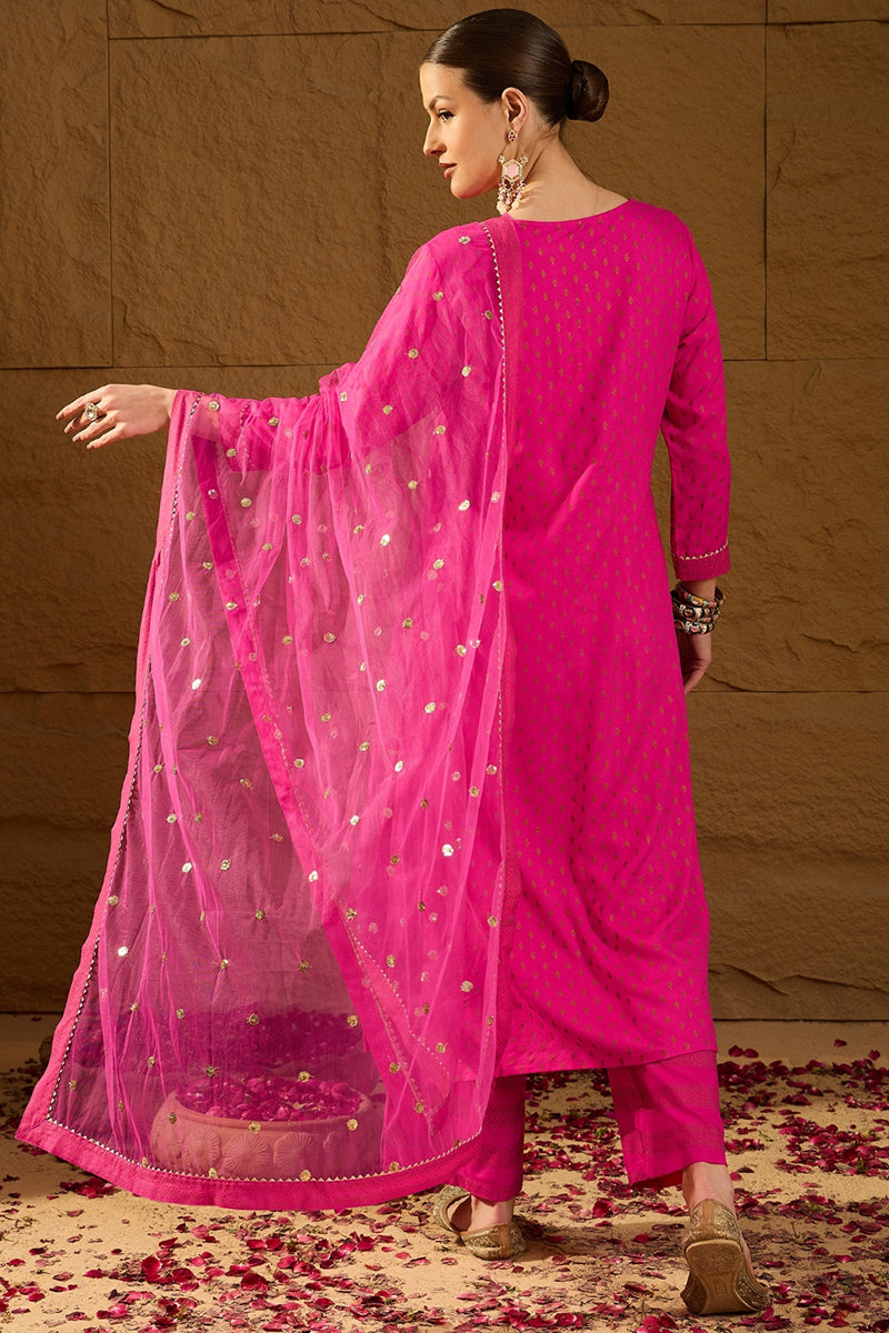 Pink Viscose Rayon Ethnic Motifs Printed Straight Palazzo Suit Set PKS