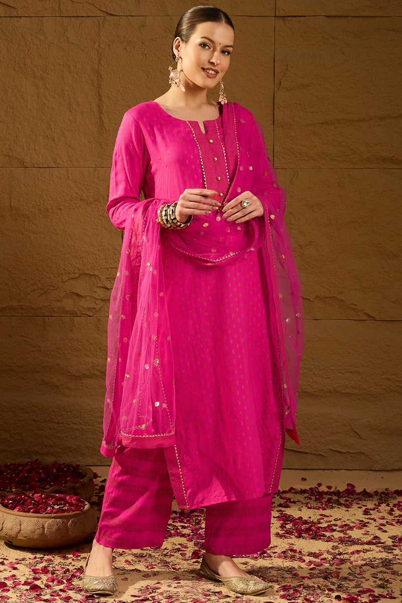 Pink Viscose Rayon Ethnic Motifs Printed Straight Palazzo Suit Set PKS