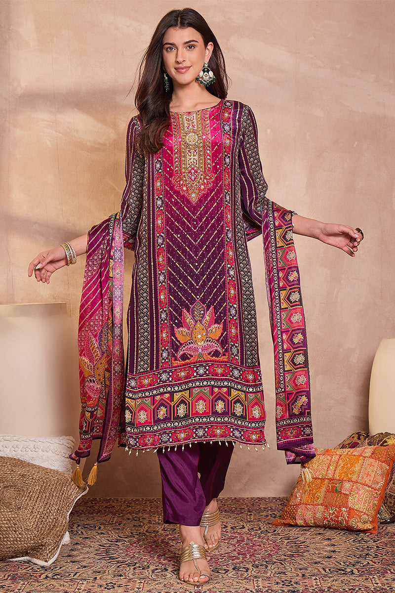 Purple Viscose Ethnic Motifs Embroidered Straight Kurta Trousers With 