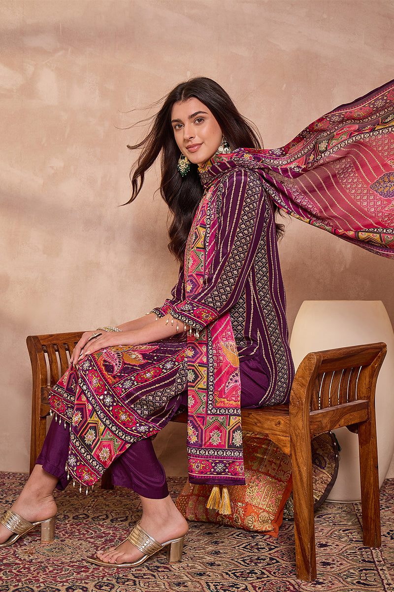 Purple Viscose Ethnic Motifs Embroidered Straight Kurta Trousers With 
