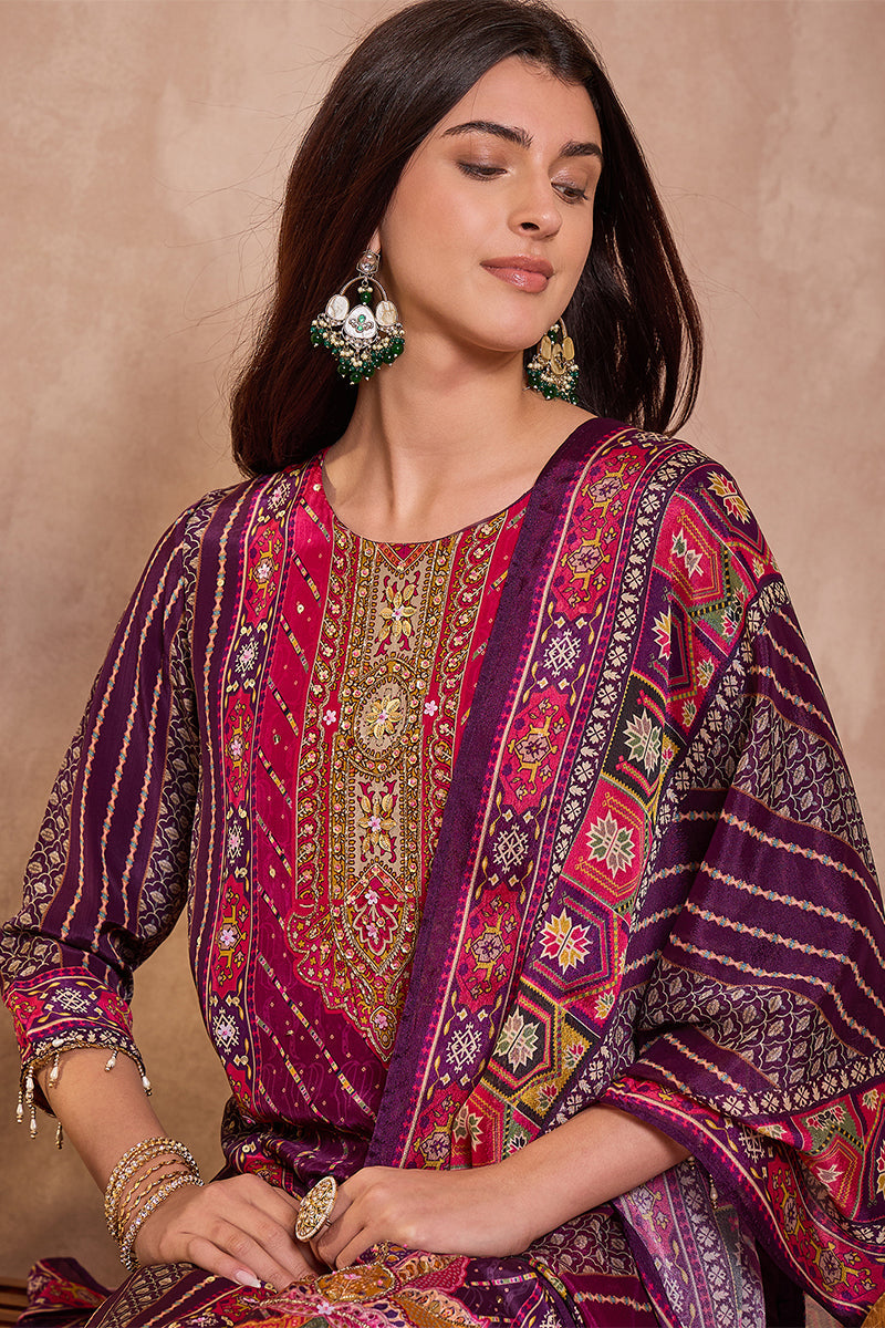 Purple Viscose Ethnic Motifs Embroidered Straight Kurta Trousers With 