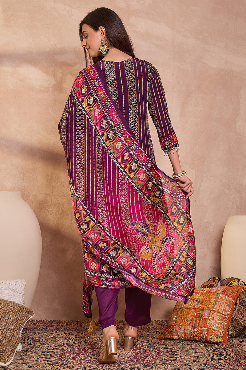 Purple Viscose Ethnic Motifs Embroidered Straight Kurta Trousers With 
