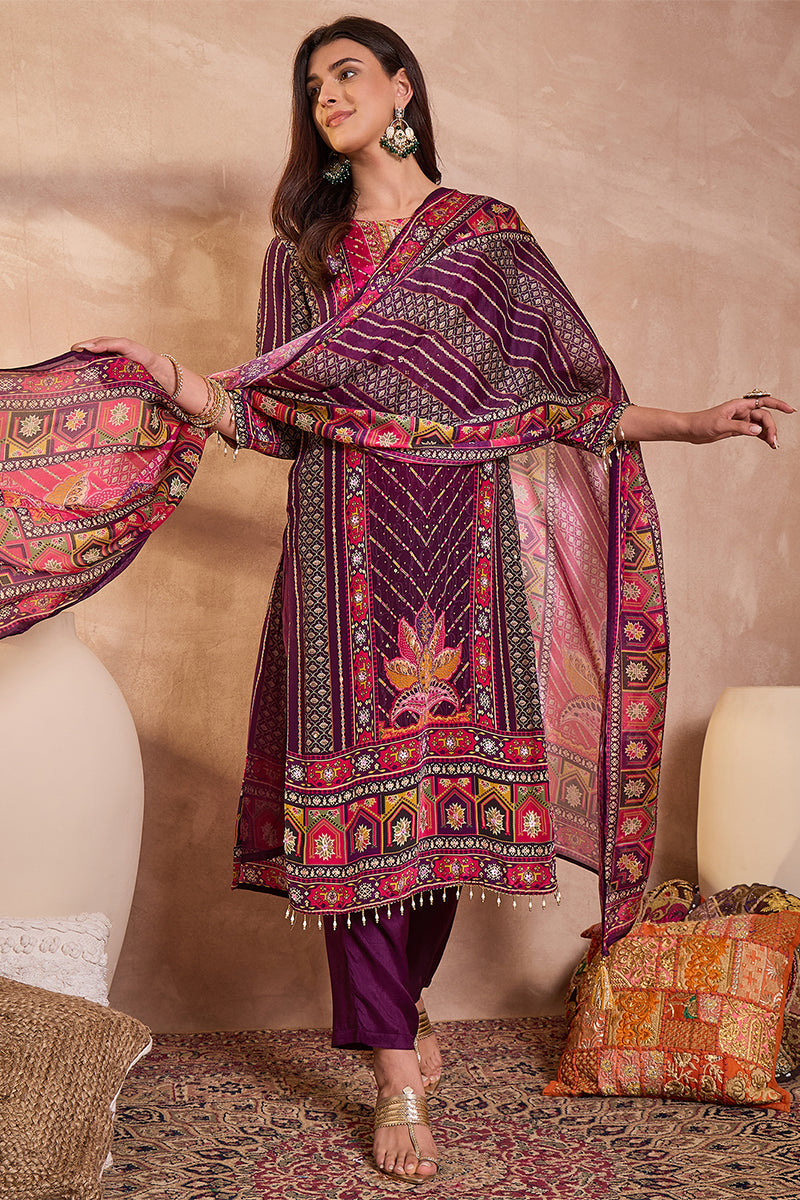 Purple Viscose Ethnic Motifs Embroidered Straight Kurta Trousers With 