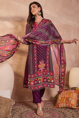 Purple Viscose Ethnic Motifs Embroidered Straight Kurta Trousers With Dupatta PKSKD2790