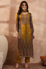 Mustard Viscose Rayon Solid Embroidered Straight Kurta Trousers With Dupatta PKSKD2795