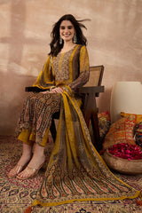 Mustard Viscose Rayon Solid Embroidered Straight Kurta Trousers With Dupatta PKSKD2795