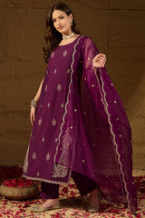 Purple Silk Blend Embroidered Straight Kurta Trouser with Dupatta HPKSKD2814