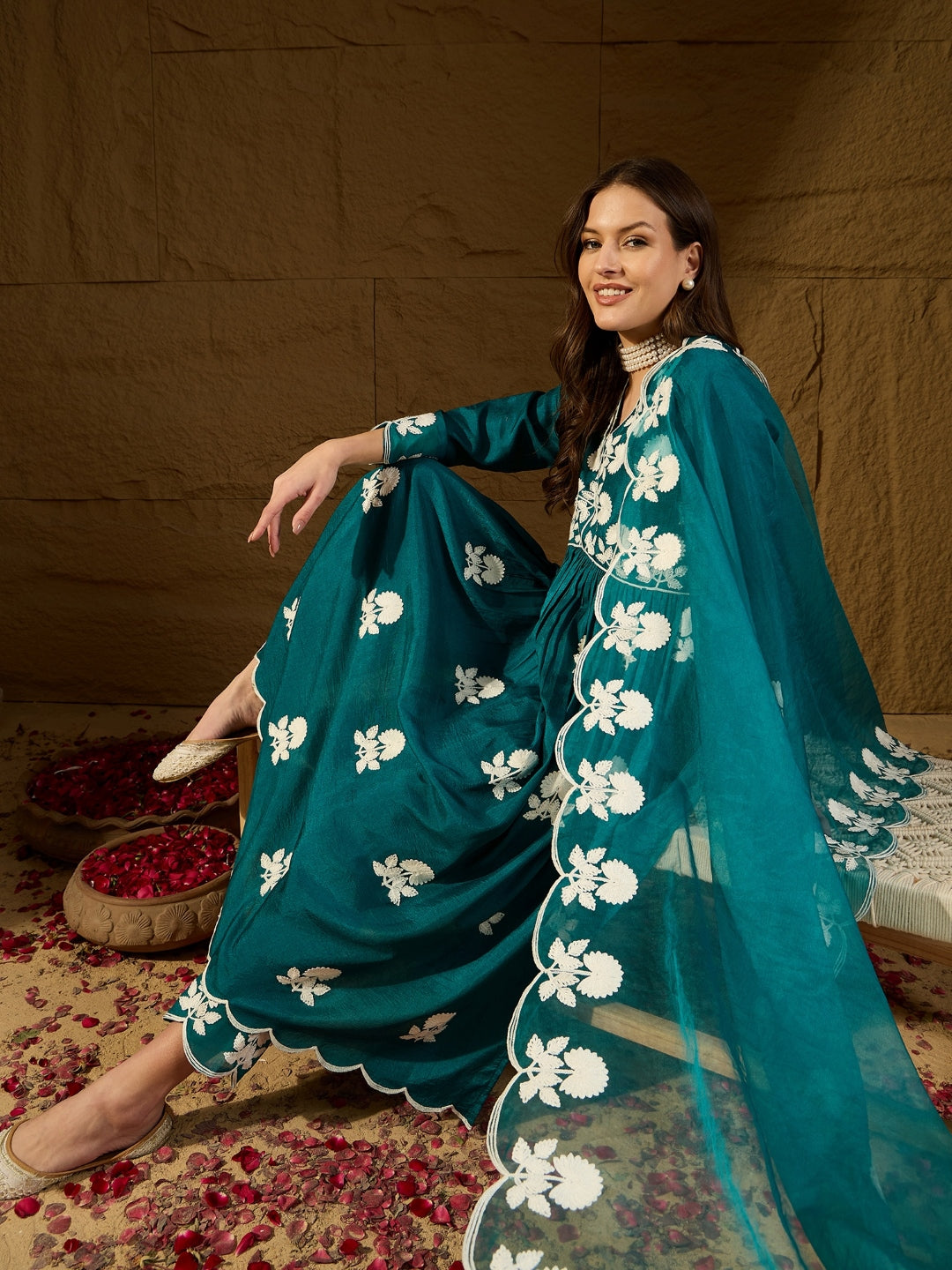 Silk Blend Kurta Set with Dupatta for Women - Teal | PKSKD2824 | DesiQlo
