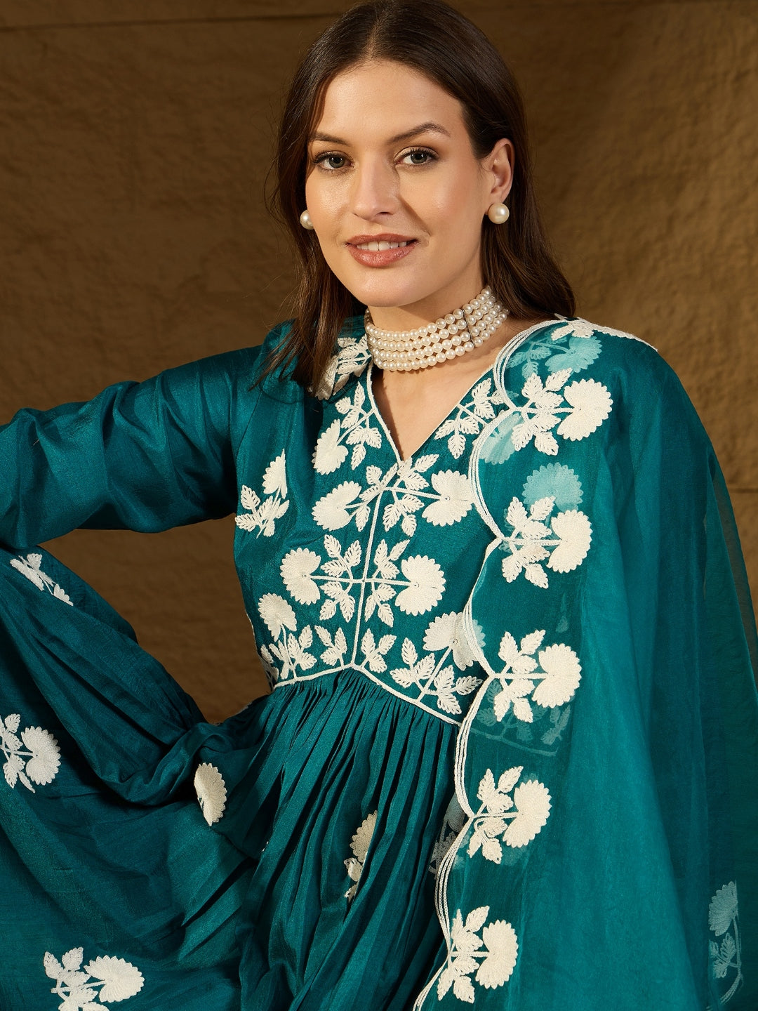 Silk Blend Kurta Set with Dupatta for Women - Teal | PKSKD2824 | DesiQlo