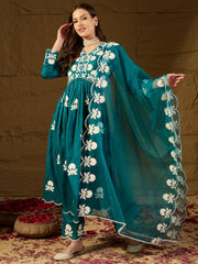Silk Blend Kurta Set with Dupatta for Women - Teal | PKSKD2824