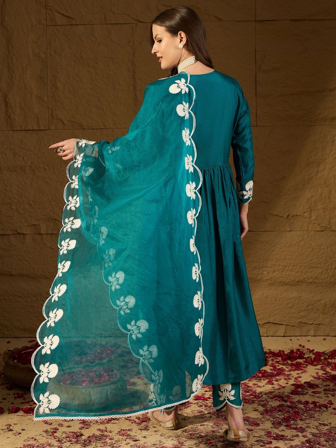 Silk Blend Kurta Set with Dupatta for Women - Teal | PKSKD2824 | DesiQlo