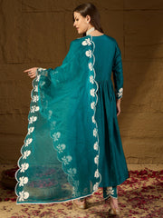 Silk Blend Kurta Set with Dupatta for Women - Teal | PKSKD2824