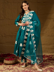 Silk Blend Kurta Set with Dupatta for Women - Teal | PKSKD2824