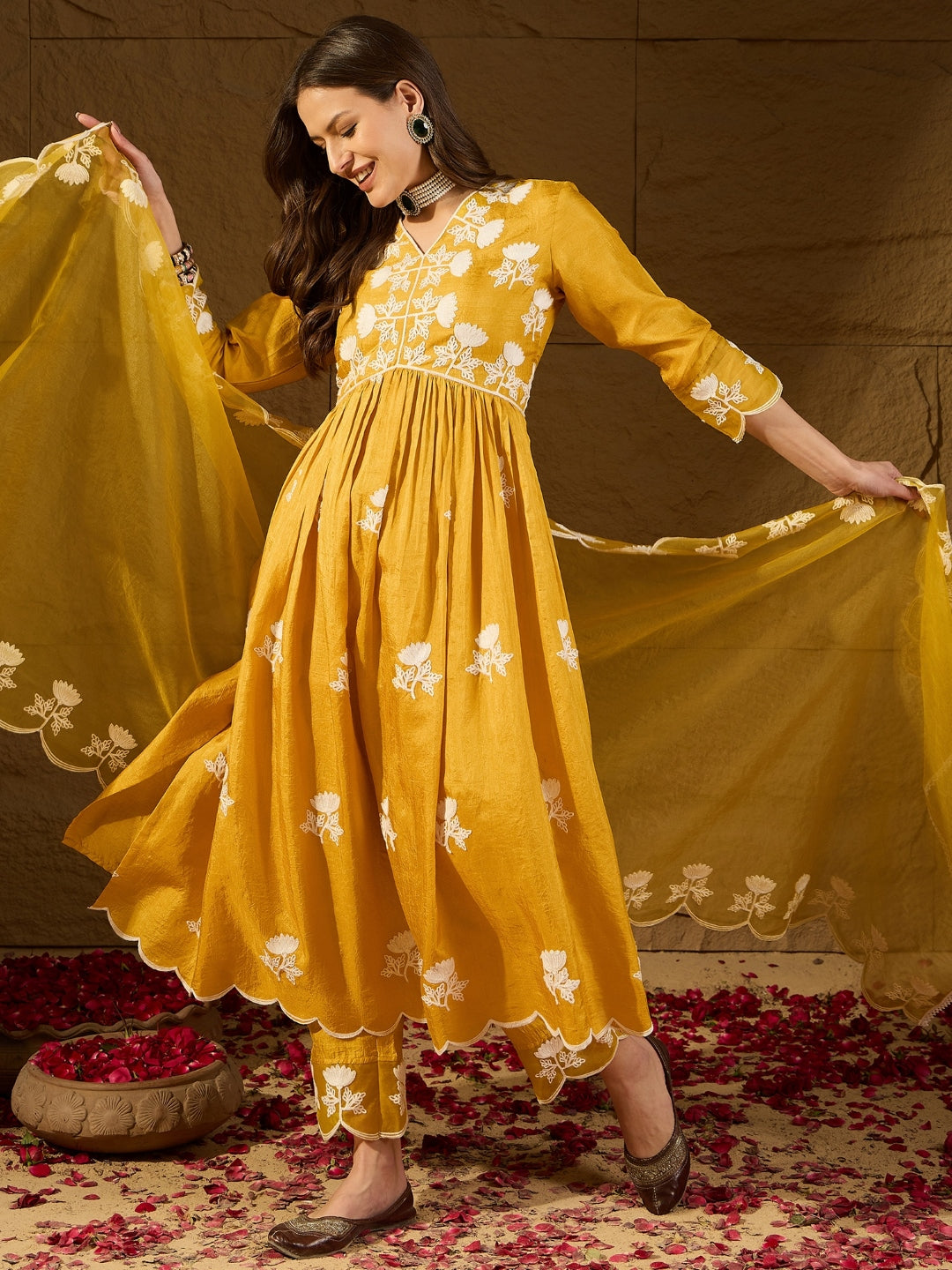 Silk Blend Kurta Set with Dupatta for Women - Yellow | PKSKD2826