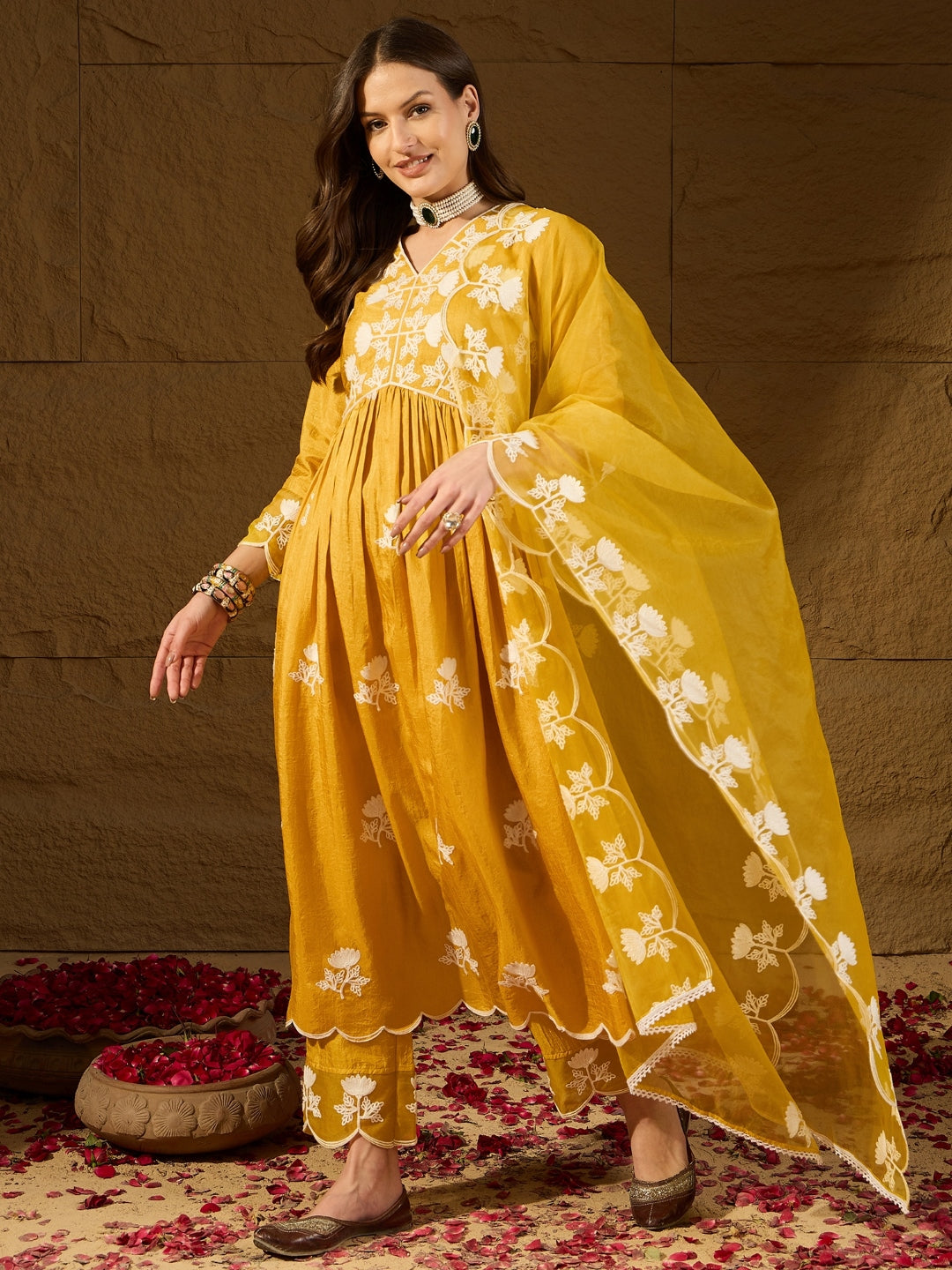 Silk Blend Kurta Set with Dupatta for Women - Yellow | PKSKD2826 | DesiQlo