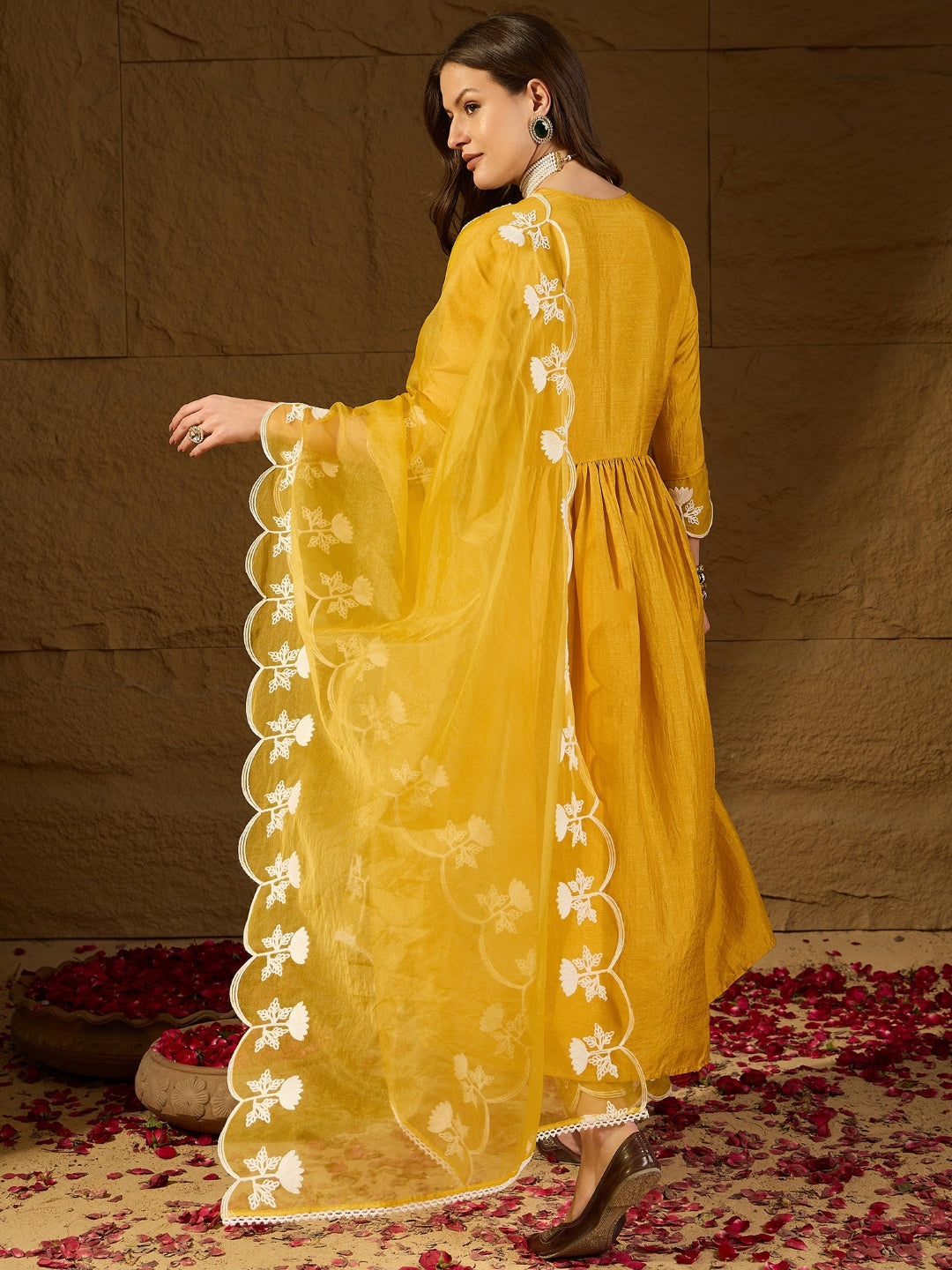 Silk Blend Kurta Set with Dupatta for Women - Yellow | PKSKD2826 | DesiQlo