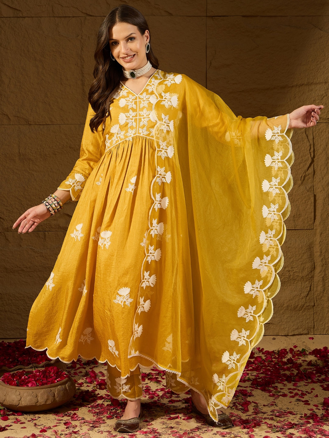 Silk Blend Kurta Set with Dupatta for Women - Yellow | PKSKD2826 | DesiQlo