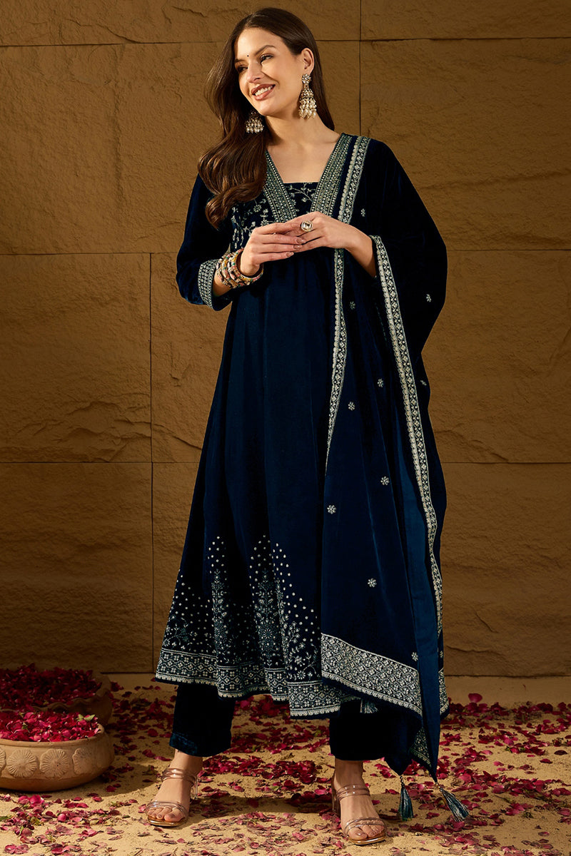 Navy Blue Velvet Floral Printed Anarkali Trousers Suit Set PKSKD2828 |