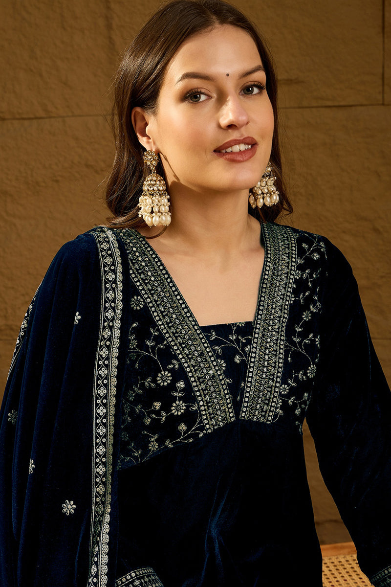 Navy Blue Velvet Floral Printed Anarkali Trousers Suit Set PKSKD2828 |