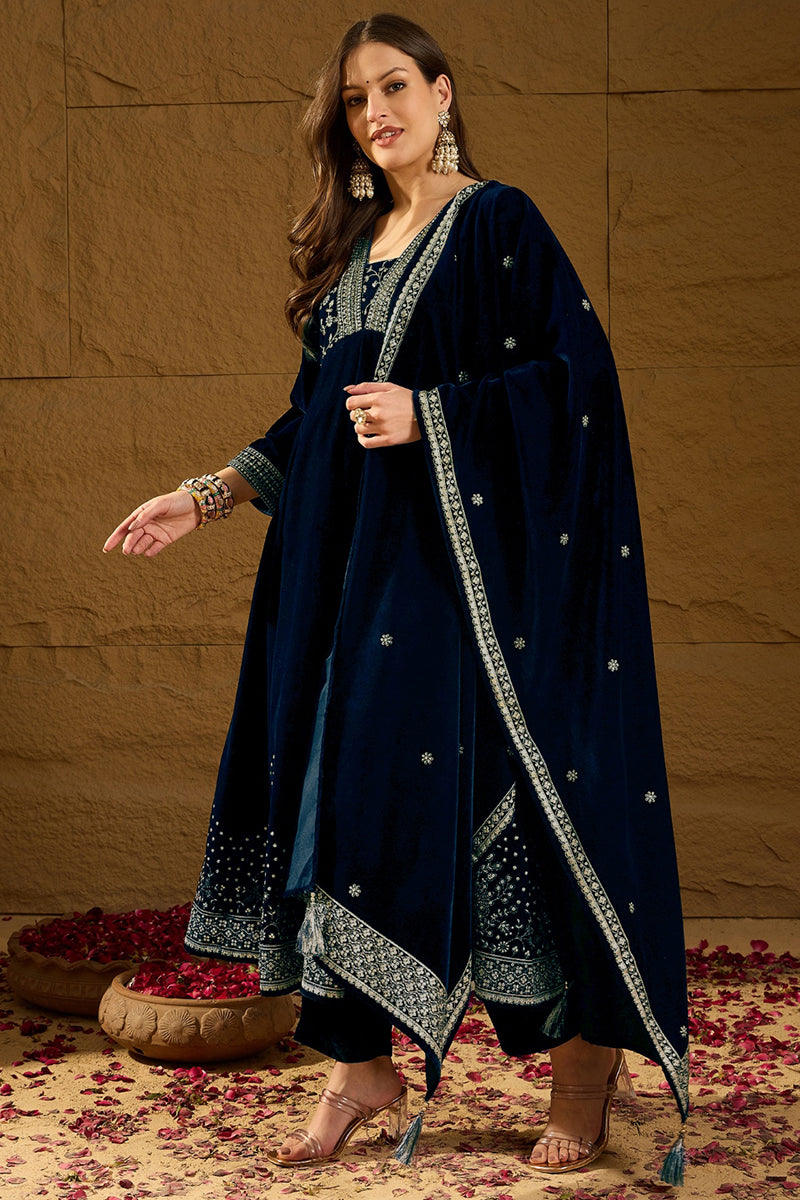 Navy Blue Velvet Floral Printed Anarkali Trousers Suit Set PKSKD2828 |