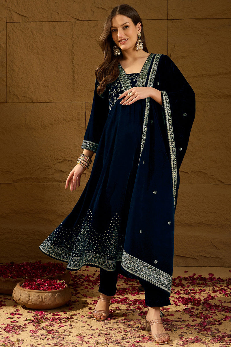 Navy Blue Velvet Floral Printed Anarkali Trousers Suit Set PKSKD2828 |