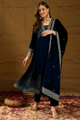 Navy Blue Velvet Floral Printed Anarkali Trousers Suit Set PKSKD2828