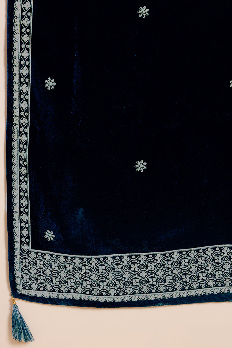 Navy Blue Velvet Floral Printed Anarkali Trousers Suit Set PKSKD2828 |