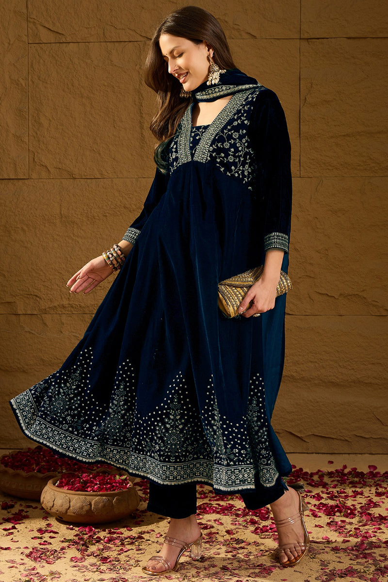 Navy Blue Velvet Floral Printed Anarkali Trousers Suit Set PKSKD2828 |