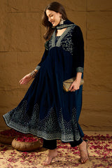 Navy Blue Velvet Floral Printed Anarkali Trousers Suit Set PKSKD2828