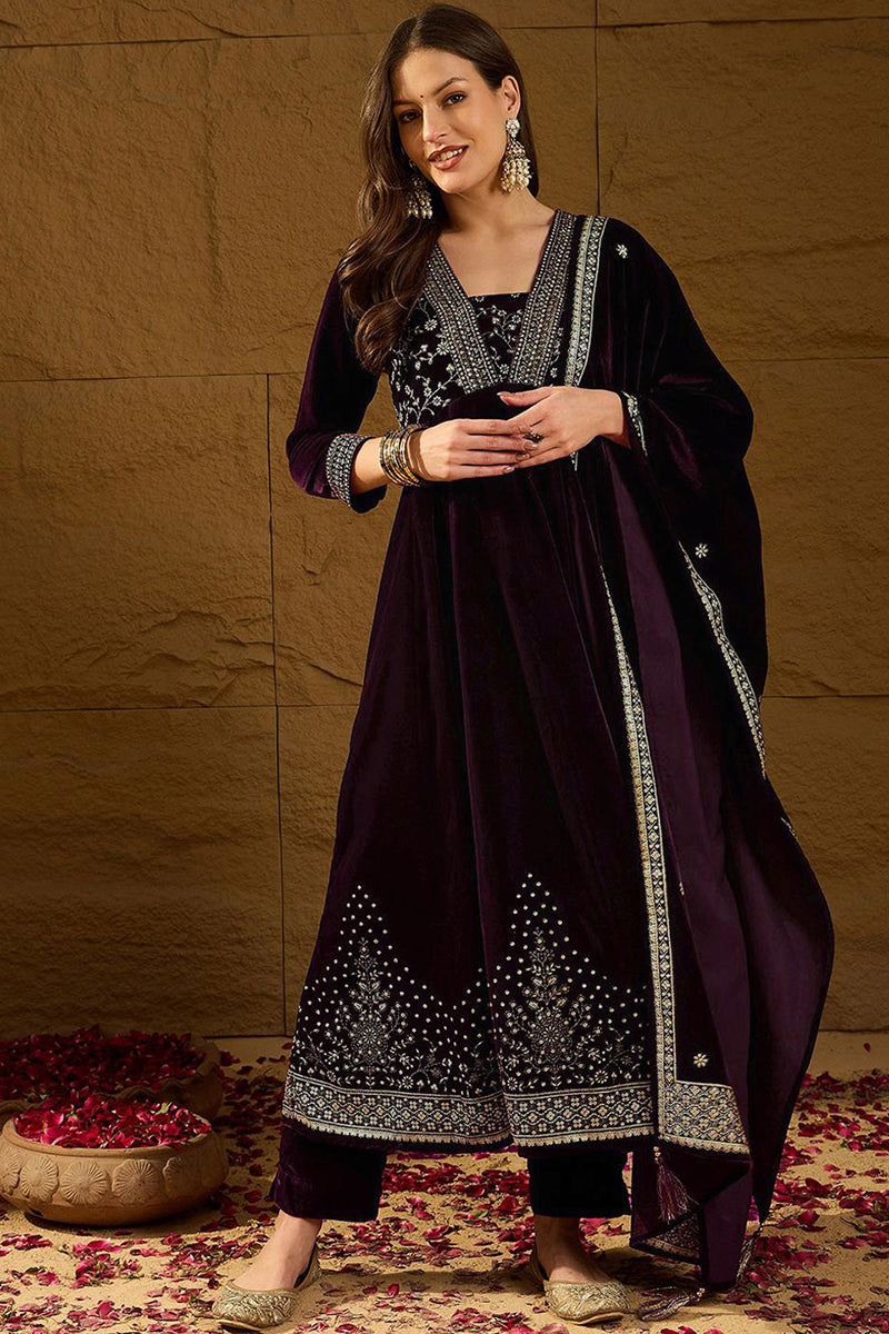 Purple Velvet Floral Printed Anarkali Trousers Suit Set PKSKD2829 | De