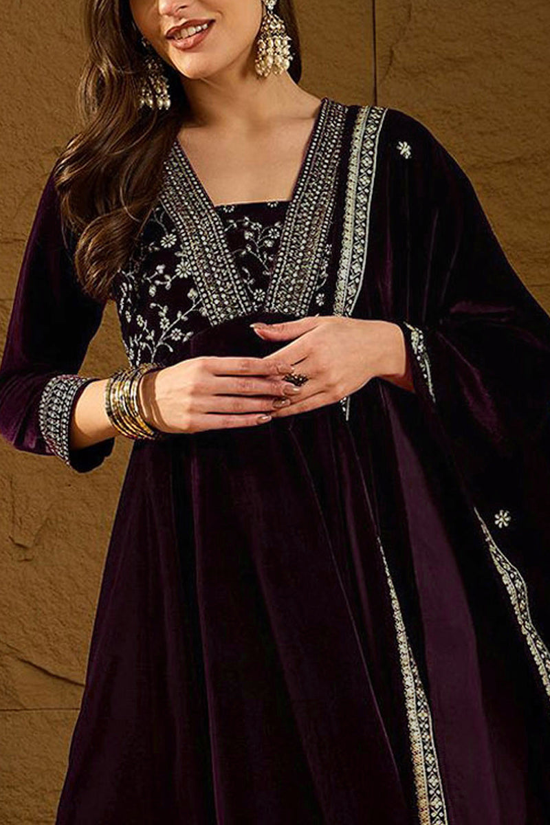 Purple Velvet Floral Printed Anarkali Trousers Suit Set PKSKD2829 | De
